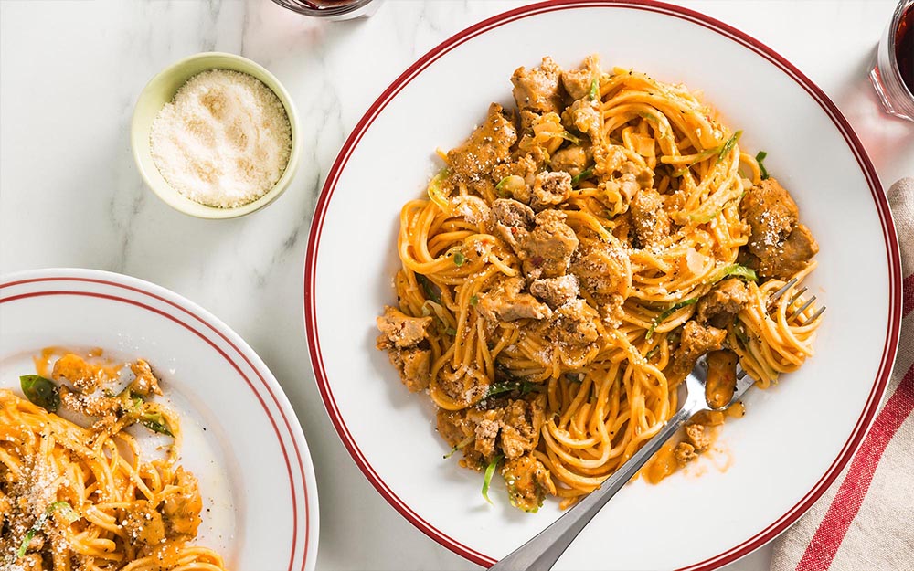 Italian Spiced Turkey Spaghetti with Brussels sprouts and parmesan sauce,